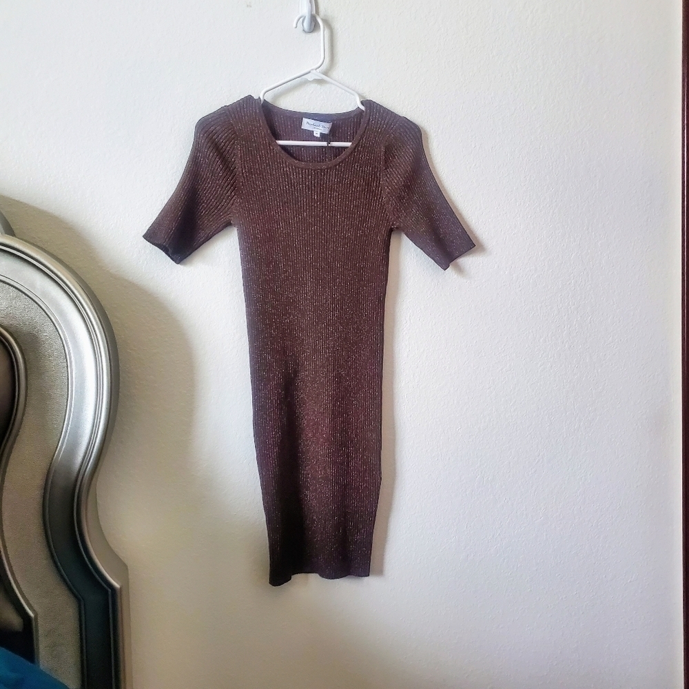 Michael Stars Mae Scoop Brown Fitted Glimmer Dress - Picture 2 of 2